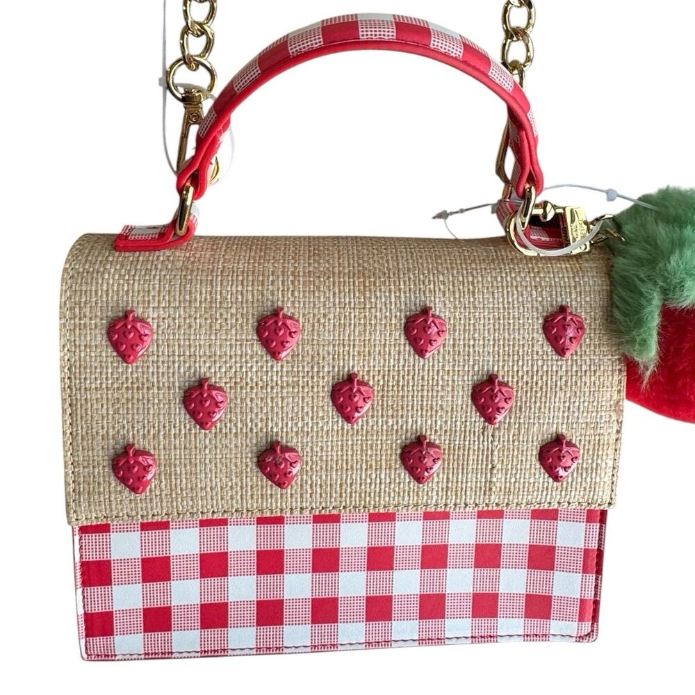 Betsey Johnson Strawberry Gingham Crossbody Handbag Charm Satchel Summer
